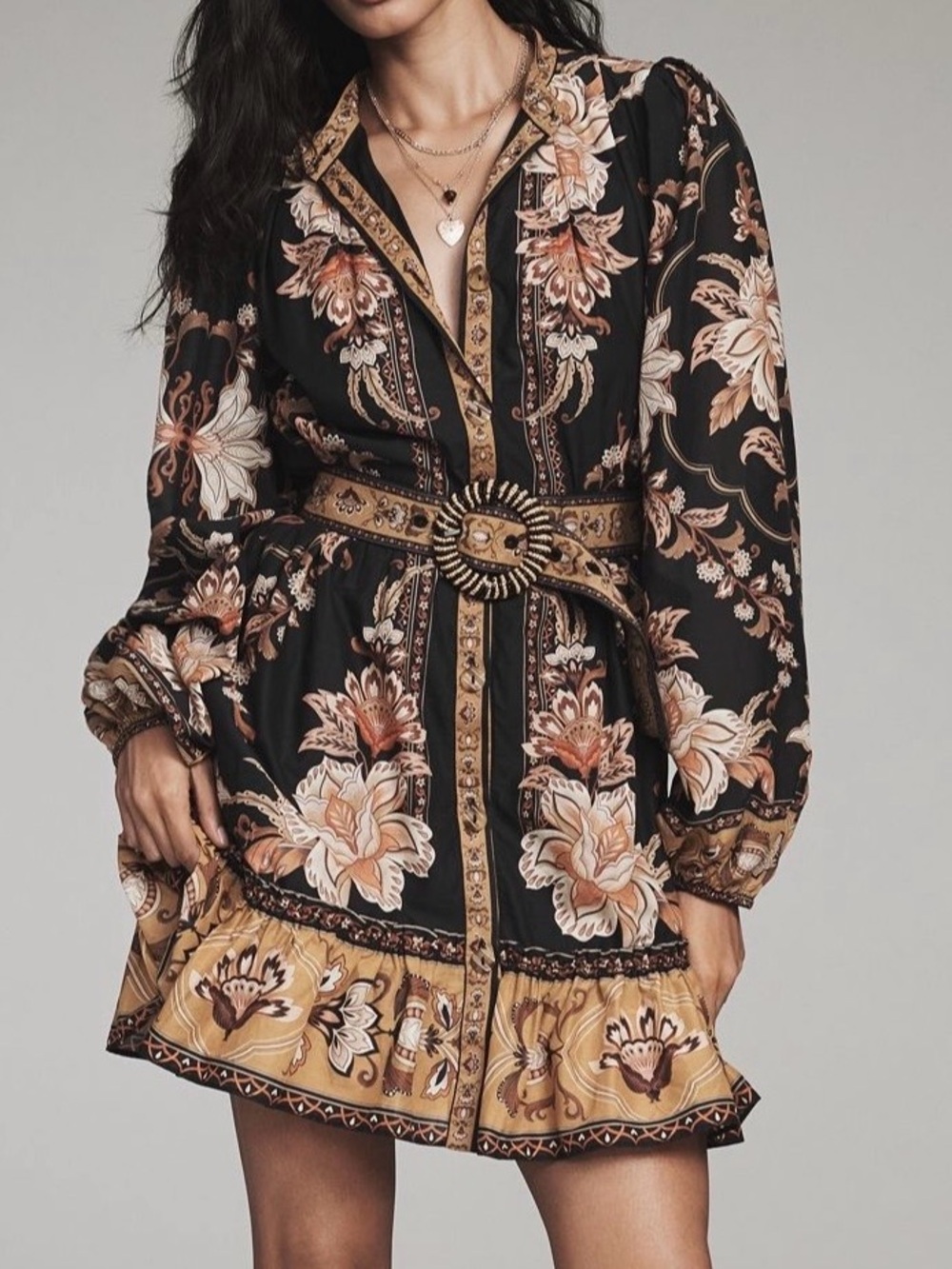 Floral Belted Long-Sleeve Mini Dress in Black and Tan